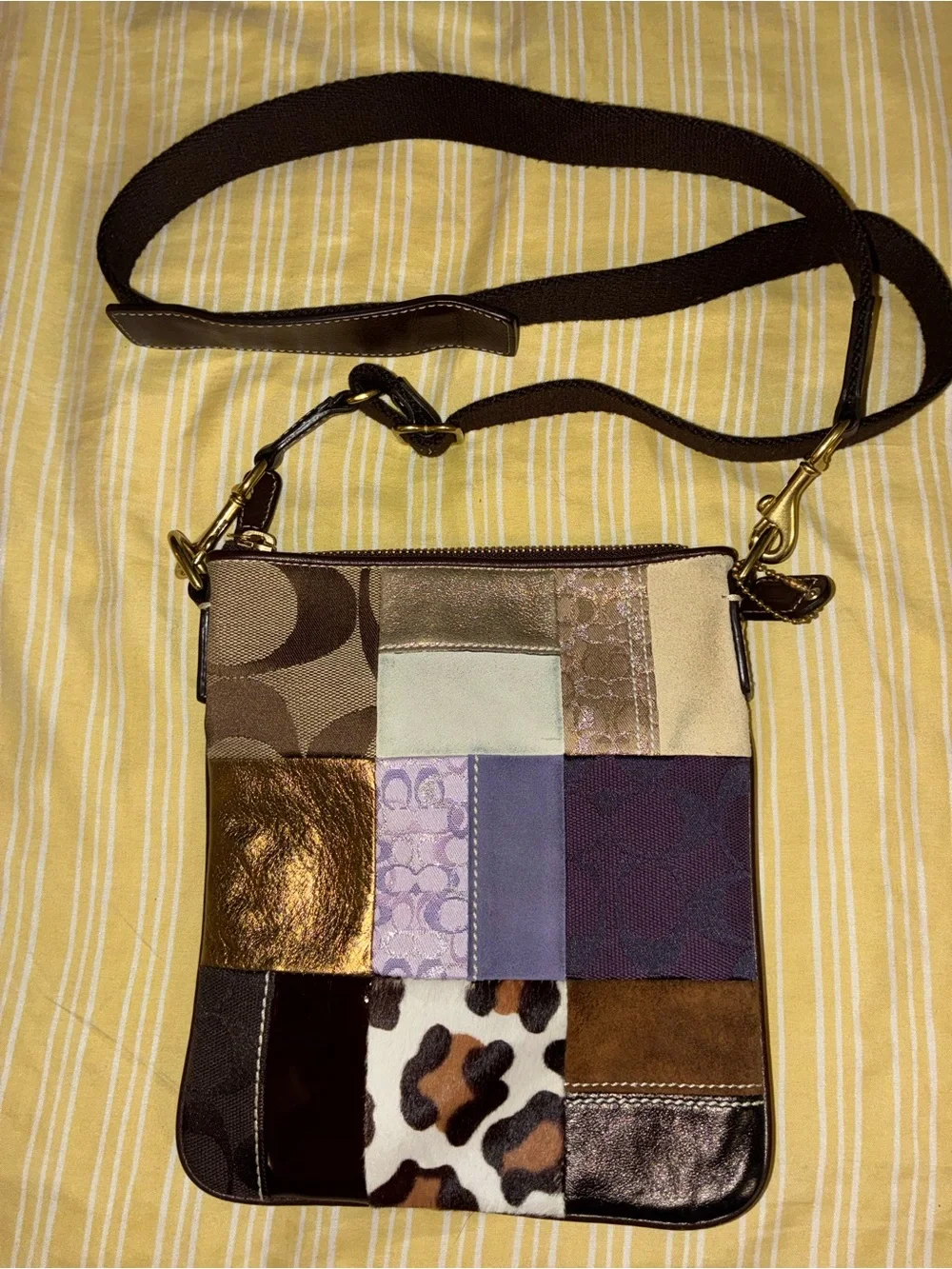 Coach Teal Crossbody with Metallic & Neutral Patchwork Front